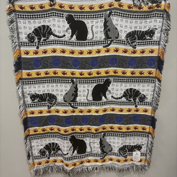 Vintage San Marcos Fringe Cat And Fish Blanket 46"x57" New - Picture 5 of 7
